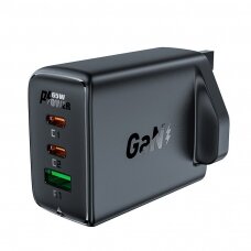 Acefast charger GaN 65W 3 ports (1xUSB, 2xUSB C PD) UK plug Juodas (A44)