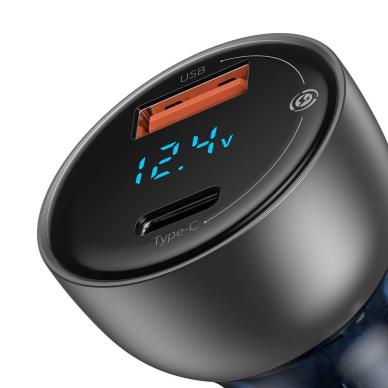 Automoblinis įkroviklis Baseus car charger USB / USB Type C 65 W 5 A SCP Quick Charge 4.0+ Power Delivery 3.0 LCD display + USB Typ C - USB Typ C permatomas UGLX912 3