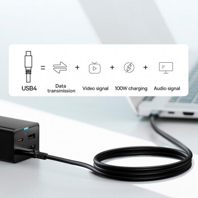 Baseus fast charger GaN5 Pro HUB HDMI 2 x USB-C / USB-A / HDMI 4K 30Hz 1.5m Juodas + USB-C cable - USB-C 100W 40Gb/s (USB4) 1m (CCGP110201) 12