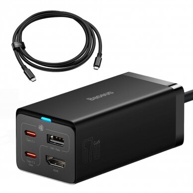 Baseus fast charger GaN5 Pro HUB HDMI 2 x USB-C / USB-A / HDMI 4K 30Hz 1.5m Juodas + USB-C cable - USB-C 100W 40Gb/s (USB4) 1m (CCGP110201)