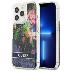 Iphone 13 Pro Dėklas Guess Flower Liquid Glitter GUHCP13LLFLSB  Mėlynas