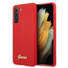 Dėklas Guess GUHCS21MLSLMGRE Silicone Script Metal Logo Samsung Galaxy S21 Plus telefonui raudonas