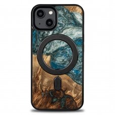 Dėklas iš Medžio ir Resino skirta iPhone 15 Plus MagSafe Bewood Unique Planet Earth - Mėlynas-žalias