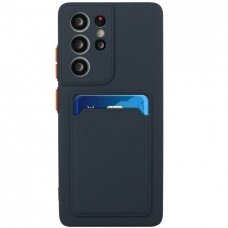 Akcija! Samsung Galaxy S21 Ultra Dėklas su kišenėle kortelėms Card Case  Tamsiai Mėlynas
