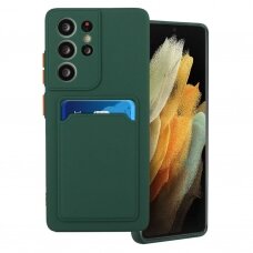 Samsung Galaxy S21 Ultra Dėklas su kišenėle kortelėms Card Case  Tamsiai Žalias