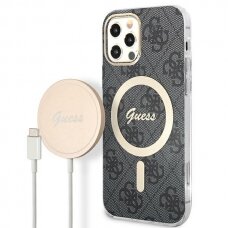 Dėklas su pakrovėju Set Guess 4G Print MagSafe GUBPP12MH4EACSK iPhone 12/12 Pro Juodas