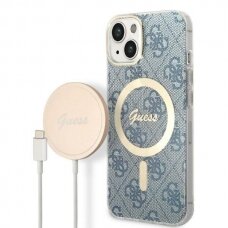 Iphone 14 Dėklas su pakrovėju Set Guess 4G Print MagSafe GUBPP14SH4EACSB  Mėlynas