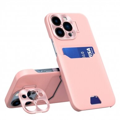 Iphone 14 Pro Dėklas Leather Stand Case   Rožinis