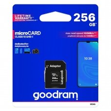 Goodram Microcard 256 GB micro SD XC UHS-I class 10 memory card, SD adapter (M1AA-2560R12) UGLX912