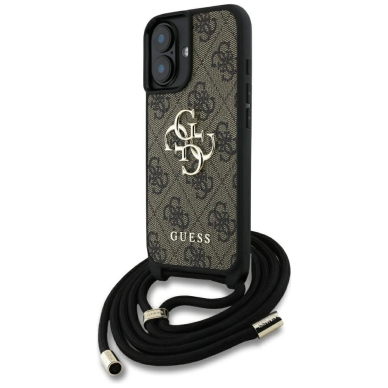 Guess 4G Big Logo Cord Stap Crossbody Dėklas skirtas iPhone 16 Plus Rudas