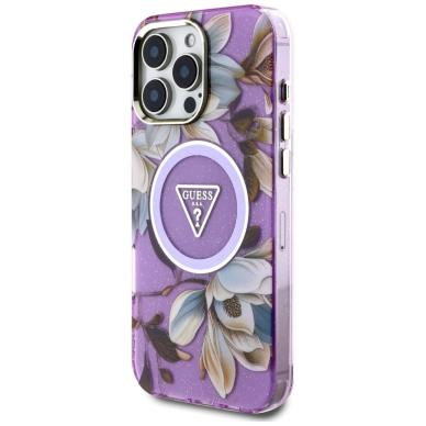Guess Glitter Flowers Triangle Buttons MagSafe Dėklas skirtas iPhone 16 Pro Violetinis 1