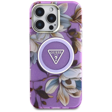 Guess Glitter Flowers Triangle Buttons MagSafe Dėklas skirtas iPhone 16 Pro Violetinis 2