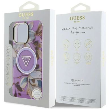 Guess Glitter Flowers Triangle Buttons MagSafe Dėklas skirtas iPhone 16 Pro Violetinis 7