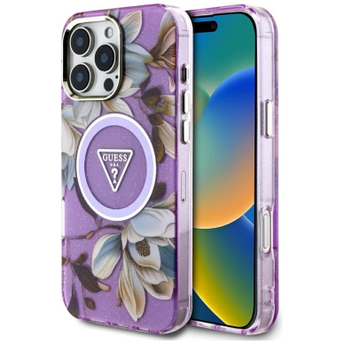 Guess Glitter Flowers Triangle Buttons MagSafe Dėklas skirtas iPhone 16 Pro Violetinis