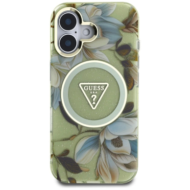 Guess Glitter Flowers Triangle Buttons MagSafe Dėklas skirtas iPhone 16 Žalias 2