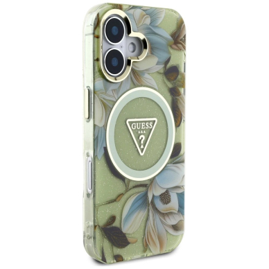 Guess Glitter Flowers Triangle Buttons MagSafe Dėklas skirtas iPhone 16 Žalias 3