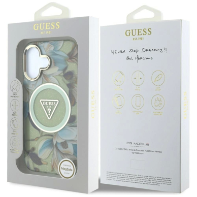 Guess Glitter Flowers Triangle Buttons MagSafe Dėklas skirtas iPhone 16 Žalias 7