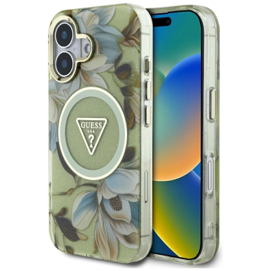 Guess Glitter Flowers Triangle Buttons MagSafe Dėklas skirtas iPhone 16 Žalias