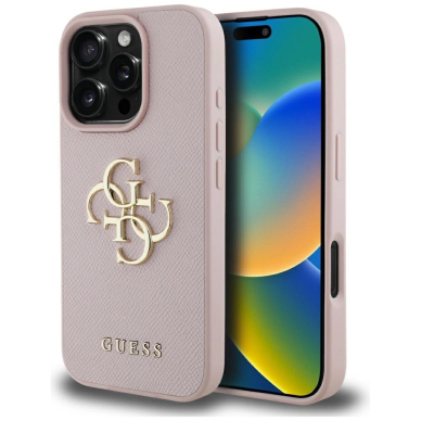 Guess Grained Big 4G Logo Small Classic Logo iPhone 16 Pro Max Dėklas - Rožinis