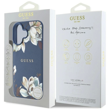 Guess Grained Printed Flower Pattern MagSafe Dėklas skirtas iPhone 16 Mėlynas 7