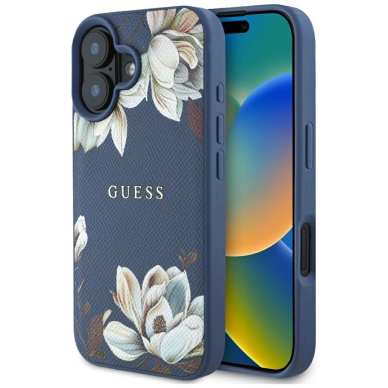 Guess Grained Printed Flower Pattern MagSafe Dėklas skirtas iPhone 16 Mėlynas