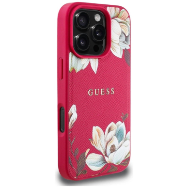 Guess Grained Printed Flower Pattern MagSafe Dėklas skirtas iPhone 16 Pro fuchsia 3