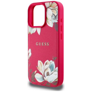 Guess Grained Printed Flower Pattern MagSafe Dėklas skirtas iPhone 16 Pro fuchsia 5