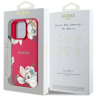 Guess Grained Printed Flower Pattern MagSafe Dėklas skirtas iPhone 16 Pro fuchsia 7