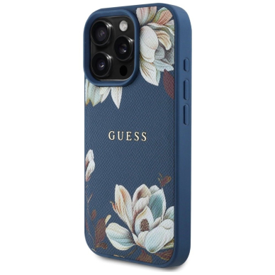 Guess Grained Printed Flower Pattern MagSafe Dėklas skirtas iPhone 16 Pro Max Mėlynas 1
