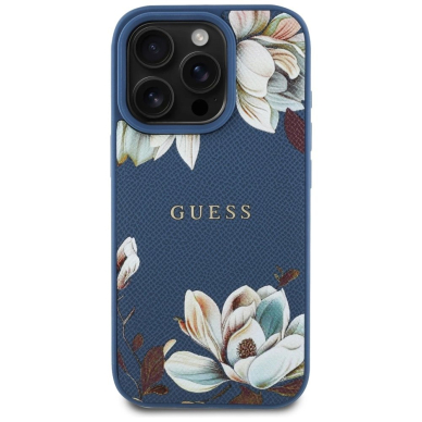 Guess Grained Printed Flower Pattern MagSafe Dėklas skirtas iPhone 16 Pro Max Mėlynas 2