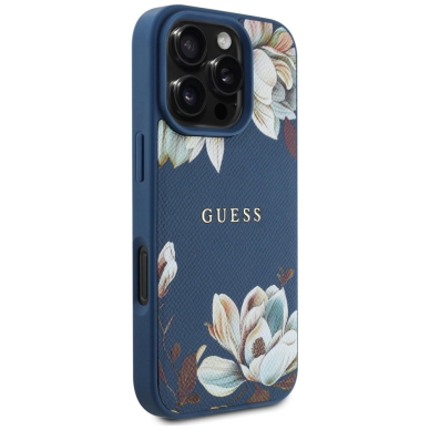 Guess Grained Printed Flower Pattern MagSafe Dėklas skirtas iPhone 16 Pro Max Mėlynas 3