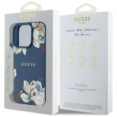 Guess Grained Printed Flower Pattern MagSafe Dėklas skirtas iPhone 16 Pro Max Mėlynas 7