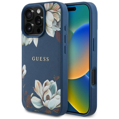Guess Grained Printed Flower Pattern MagSafe Dėklas skirtas iPhone 16 Pro Max Mėlynas