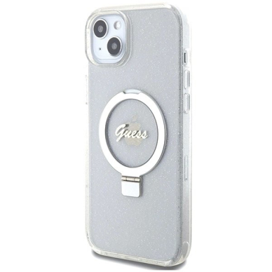 Guess GUHMP15MHRSGSD iPhone 15 Plus / 14 Plus 6.7&quot; Permatomas/Permatomas hardcase Ring Stand Script Glitter MagSafe 1