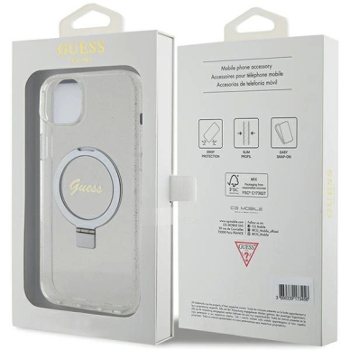 Guess GUHMP15MHRSGSD iPhone 15 Plus / 14 Plus 6.7&quot; Permatomas/Permatomas hardcase Ring Stand Script Glitter MagSafe 7