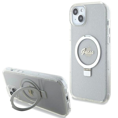 Guess GUHMP15MHRSGSD iPhone 15 Plus / 14 Plus 6.7&quot; Permatomas/Permatomas hardcase Ring Stand Script Glitter MagSafe