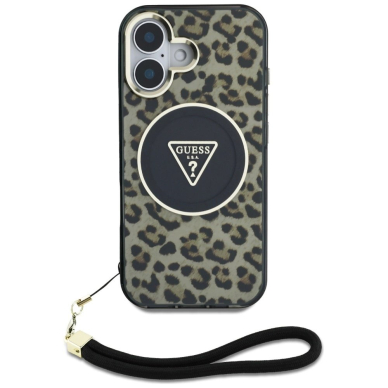 Guess HC IML Leopard Triangle Cord Strap MagSafe iPhone 16 Dėklas - Rudas 1