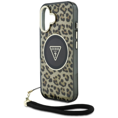 Guess HC IML Leopard Triangle Cord Strap MagSafe iPhone 16 Dėklas - Rudas 4
