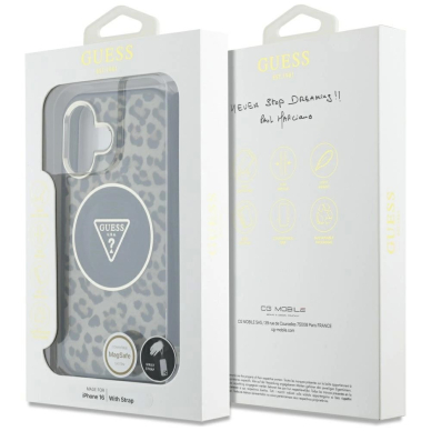 Guess HC IML Leopard Triangle Cord Strap MagSafe iPhone 16 Dėklas - Rudas 6