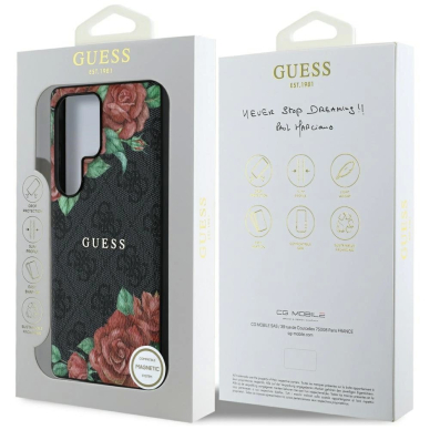 Guess Odinis 4G Flowers Print Metal Classic Logo MagSafe Dėklas skirtas Samsung Galaxy S25 Ultra - Juodas 7