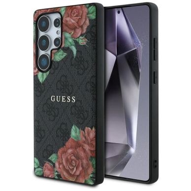 Guess Odinis 4G Flowers Print Metal Classic Logo MagSafe Dėklas skirtas Samsung Galaxy S25 Ultra - Juodas