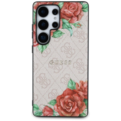 Guess Odinis 4G Flowers Print Metal Classic Logo MagSafe Dėklas skirtas Samsung Galaxy S25 Ultra - Rožinis 2