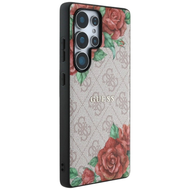 Guess Odinis 4G Flowers Print Metal Classic Logo MagSafe Dėklas skirtas Samsung Galaxy S25 Ultra - Rožinis 3