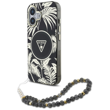 Guess Palm Trees Triangle Pearl Strap MagSafe Dėklas skirtas iPhone 16 Juodas