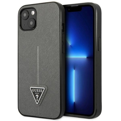 Guess SaffianoTriangle Logo Dėklas skirtas iPhone 13 / 14 / 15 6.1&quot; - Sidabrinis