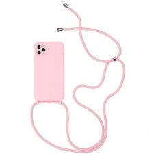 iphone 12 pro max dėklas su virvute Strap silikonas rožinis