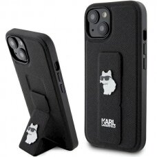 Karl Lagerfeld Gripstand Saffiano Choupette Pins Dėklas skirtas iPhone 15 Plus / 14 Plus - Juodas