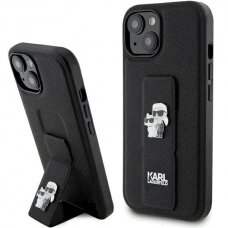 Karl Lagerfeld Gripstand Saffiano Karl&amp;Choupette Pins Dėklas skirtas iPhone 15 Plus / 14 Plus - Juodas