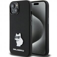 Karl Lagerfeld Silicone Choupette Metal Pin dėklas skirtas iPhone 15 Plus / 14 Plus - Juodas