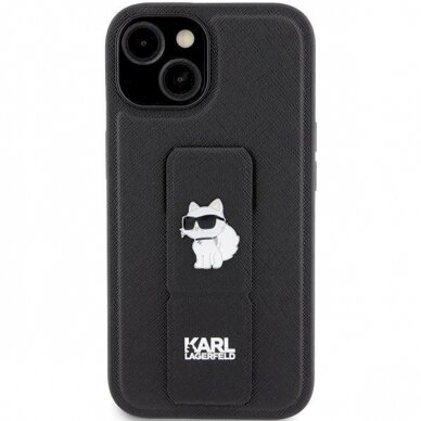Karl Lagerfeld Gripstand Saffiano Choupette Pins Dėklas skirtas iPhone 15 Plus / 14 Plus - Juodas 2
